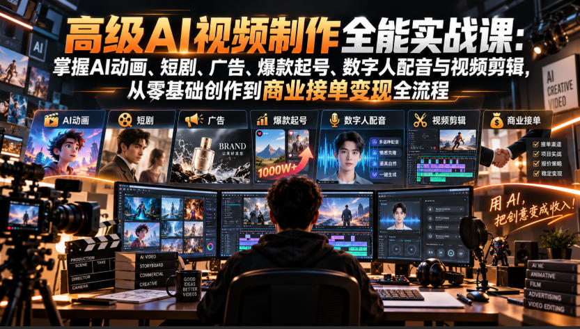 高级AI视频制作全能实战课：掌握AI动画、短剧、广告、爆款起号、数字人配音与视频剪辑，从零基础创作到商业接单变现全流程-我爱发帖