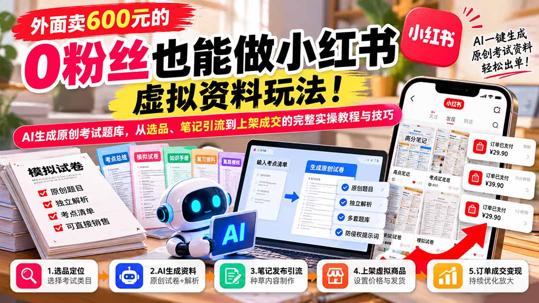 外面卖600元的 零粉丝也能做小红书虚拟资料玩法！AI生成原创考试题库，从选品、笔记引流到上架成交的完整实操教程-我爱发帖