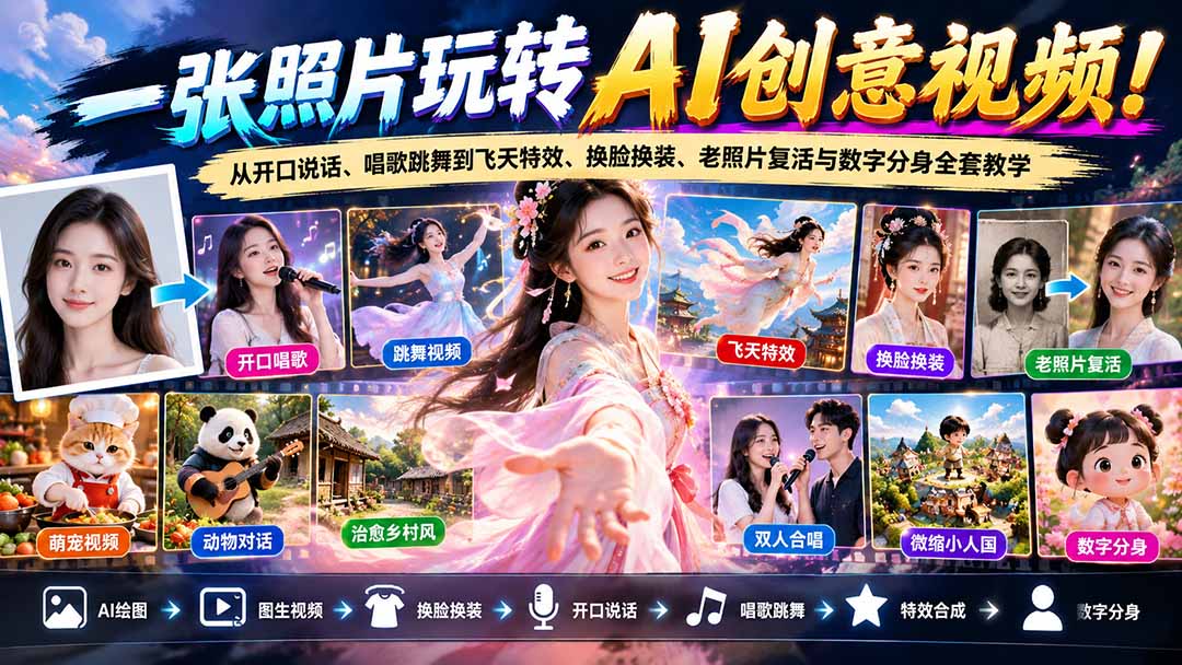 一张照片玩转AI创意视频！从开口说话、唱歌跳舞到飞天特效、换脸换装、老照片复活与数字分身全套教学采购|汽车产业|汽车配件|机加工企业家交流社群中心