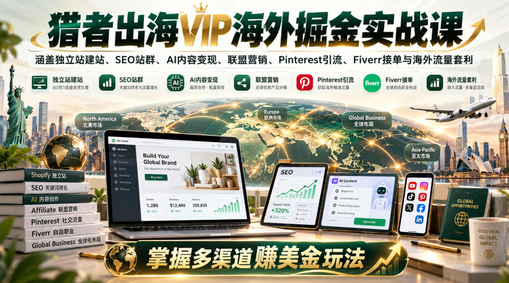 猎者出海VIP海外掘金实战课:涵盖独立站、SEO站群、AI变现、联盟营销、Pinterest引流、Fiverr接单与海外流量套利,掌握多渠道賺美金玩法