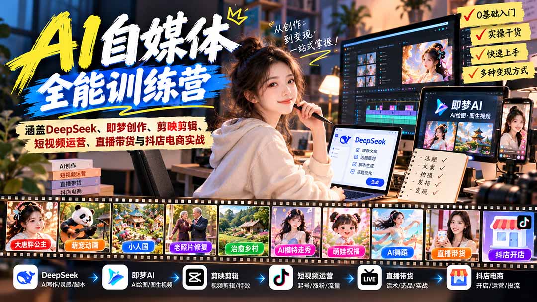 【无水印】AI+自媒体全能训练营：涵盖DeepSeek、即梦创作、剪映剪辑、短视频运营、直播带货与抖店电商实战-皮皮网创