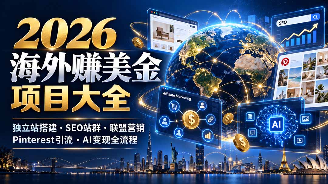 2026海外赚美金项目大全:独立站搭建、SEO站群、联盟营销、Pinterest引流与AI变现全流程汇通分享-分享轻创项目-网络创业-项目实操-兼职-网赚-副业-抖音-快手-小红书-闲鱼-视频号-直播-短视频-中视频-带货-短剧-游戏搬砖-引流等教程课程分享汇通分享