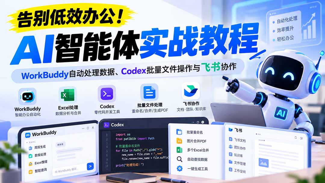 【无水印】告别低效办公！《AI智能体实战教程》WorkBuddy自动处理数据、Codex批量文件操作与飞书协作汇通分享-分享轻创项目-网络创业-项目实操-兼职-网赚-副业-抖音-快手-小红书-闲鱼-视频号-直播-短视频-中视频-带货-短剧-游戏搬砖-引流等教程课程分享汇通分享