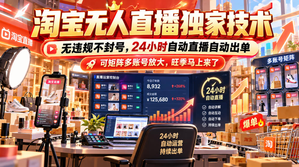 淘宝无人直播独家技术，无违规不封号，24小时自动直播自动出单，可矩阵多账号放大，旺季马上来了【揭秘】汇通分享-分享轻创项目-网络创业-项目实操-兼职-网赚-副业-抖音-快手-小红书-闲鱼-视频号-直播-短视频-中视频-带货-短剧-游戏搬砖-引流等教程课程分享汇通分享