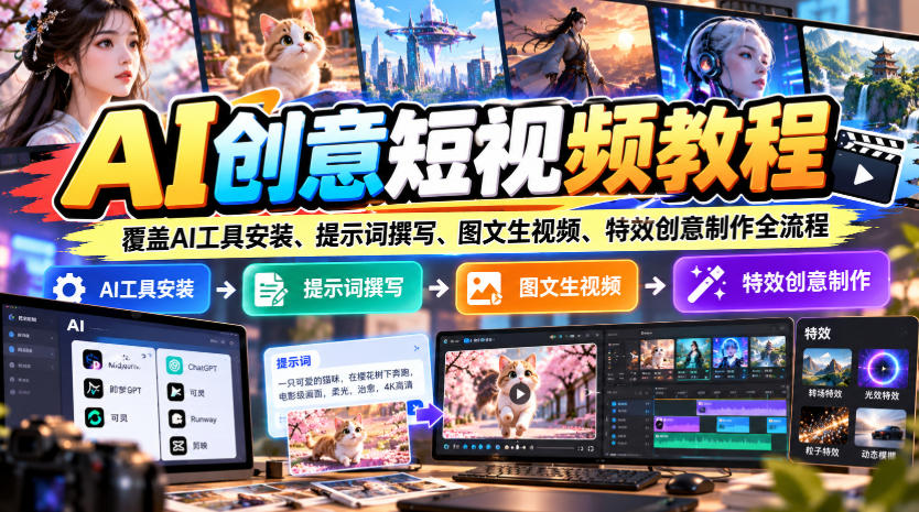 AI创意短视频教程，覆盖AI工具安装、提示词撰写、图文生视频、特效创意制作全流程｜焦圣希 18818568866