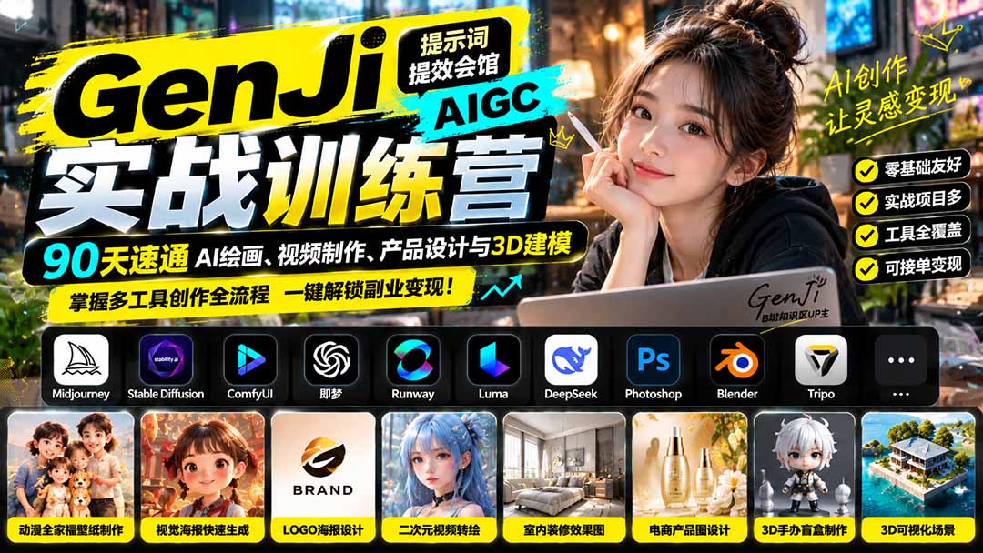GenJi AIGC实战训练营：90天速通AI绘画、视频制作、产品设计与3D建模，掌握多工具创作全流程汇通分享-分享轻创项目-网络创业-项目实操-兼职-网赚-副业-抖音-快手-小红书-闲鱼-视频号-直播-短视频-中视频-带货-短剧-游戏搬砖-引流等教程课程分享汇通分享