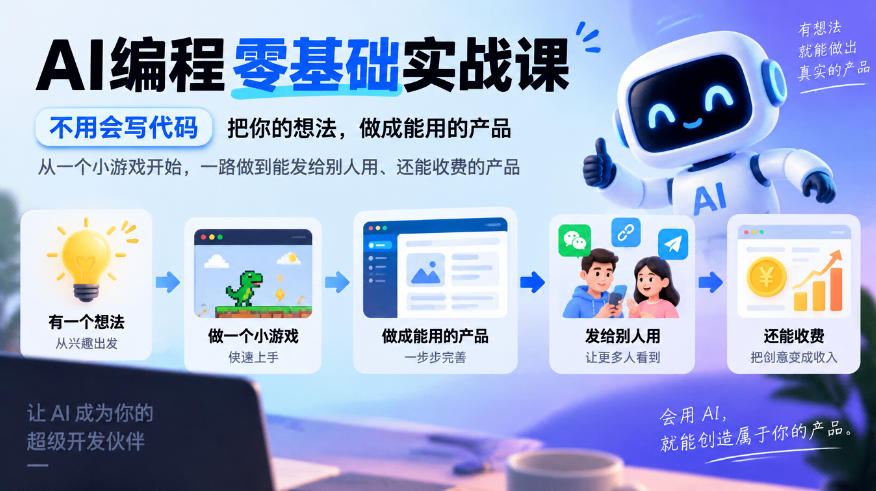 AI编程零基础实战课，不用会写代码，把你的想法，做成能用的产品，从一个小游戏开始，一路做到能发给别人用、还能收费的产品汇通分享-分享轻创项目-网络创业-项目实操-兼职-网赚-副业-抖音-快手-小红书-闲鱼-视频号-直播-短视频-中视频-带货-短剧-游戏搬砖-引流等教程课程分享汇通分享
