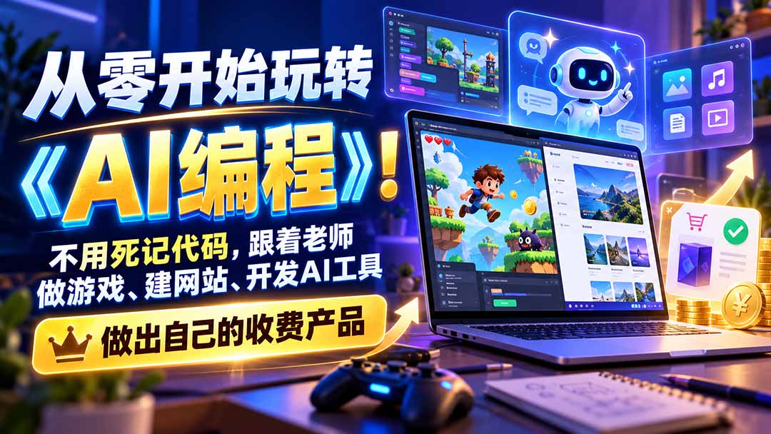 从零开始玩转《AI编程》！不用死记代码，跟着老师做游戏、建网站、开发AI工具，最后完成自己的收费产品汇通分享-分享轻创项目-网络创业-项目实操-兼职-网赚-副业-抖音-快手-小红书-闲鱼-视频号-直播-短视频-中视频-带货-短剧-游戏搬砖-引流等教程课程分享汇通分享