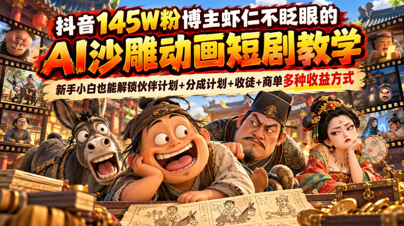 抖音145W粉博主虾仁不眨眼的AI沙雕动画短剧教学，新手小白也能解锁伙伴计划+分成计划+收徒+商单多种收益方式-我爱发帖