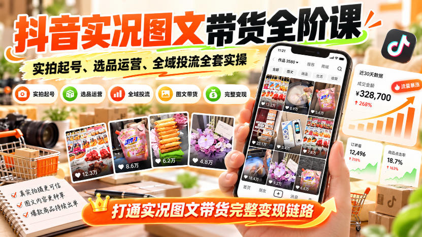 抖音实况图文带货全阶课｜实拍起号、选品运营、全域投流全套实操，打通实况图文带货完整变现链路-我爱发帖