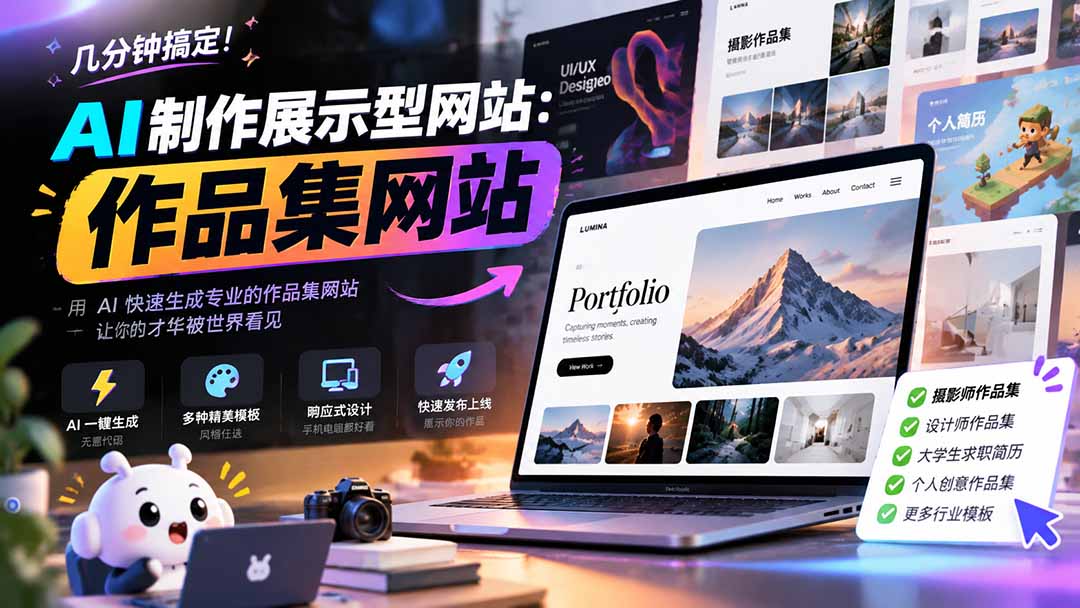 几分钟搞定，AI制作展示型网站制作：作品集网站，用AI快速生成专业的作品集网站，接单变现！汇通分享-分享轻创项目-网络创业-项目实操-兼职-网赚-副业-抖音-快手-小红书-闲鱼-视频号-直播-短视频-中视频-带货-短剧-游戏搬砖-引流等教程课程分享汇通分享