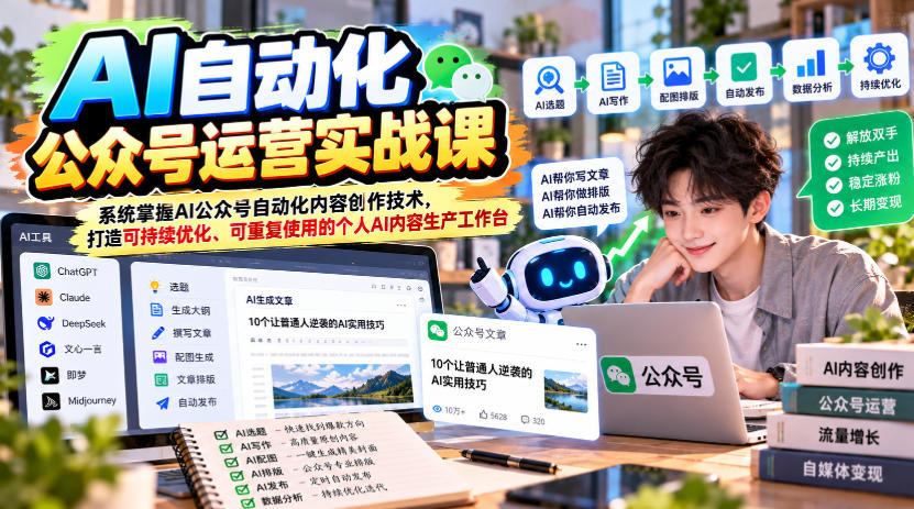 AI自动化公众号运营实战课，系统掌握AI公众号自动化内容创作技术，打造可持续优化、可重复使用的个人AI内容生产工作台-我爱发帖
