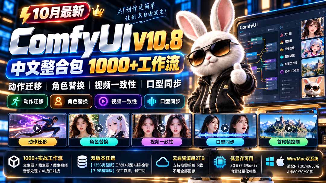10月最新ComfyUI V10.8中文整合包 1000+工作流 动作迁移 角色替换 视频一致性 口型同步 低显存可用-我爱发帖