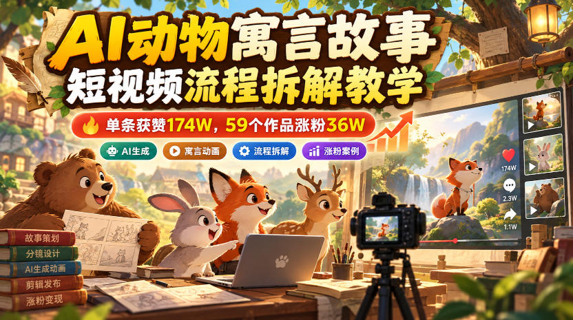 AI动物寓言故事短视频流程拆解教学，单条获赞174W，59个作品涨粉36W-我爱发帖