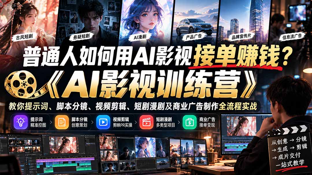 普通人如何用AI影视接单赚钱？《AI影视训练营》教你提示词、脚本分镜、视频剪辑、短剧漫剧及商业广告制作全流程实战-旺仔资源库