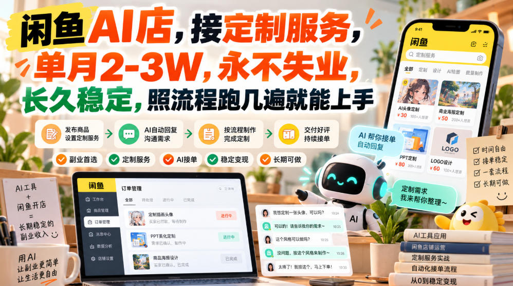 闲鱼AI店，接定制服务，单月2-3W，永不失业，长久稳定，照流程跑几遍就能上手-旺仔资源库