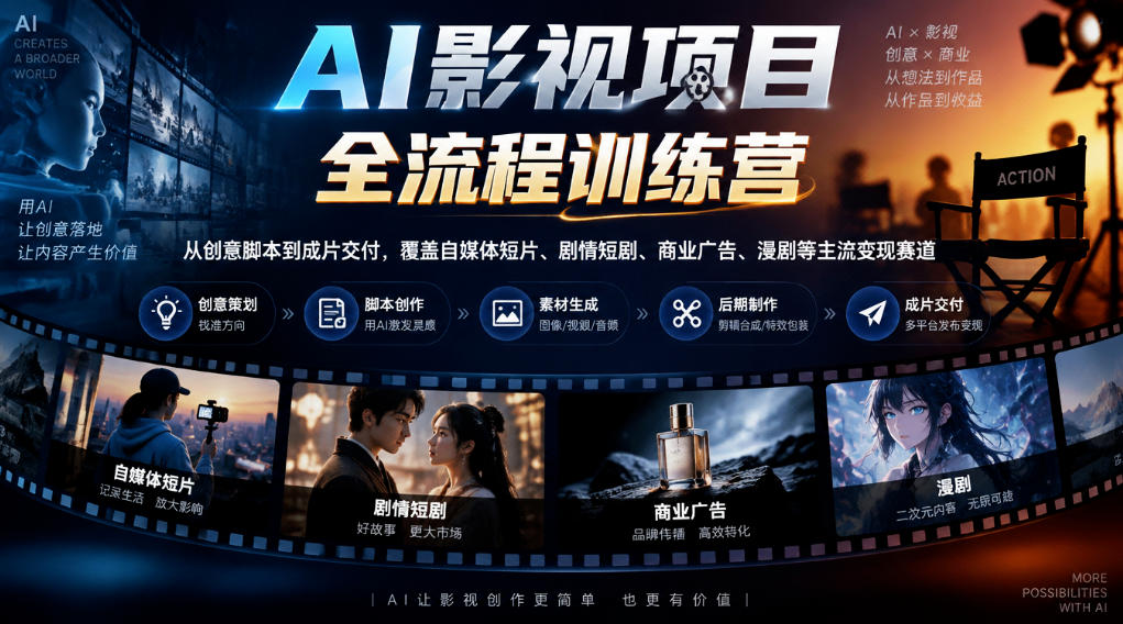 AI影视项目全流程训练营,从创意脚本到成片交付,覆盖自媒体短片、剧情短剧、商业广告、漫剧等主流变现赛道