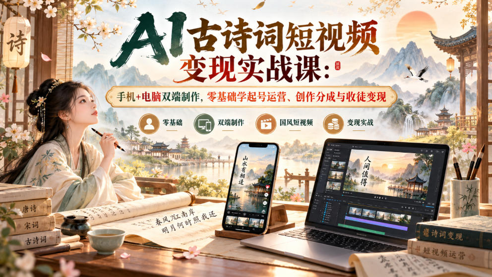 AI古诗词短视频变现实战课：手机+电脑双端制作，零基础学起号运营、创作分成与收徒变现-我爱发帖