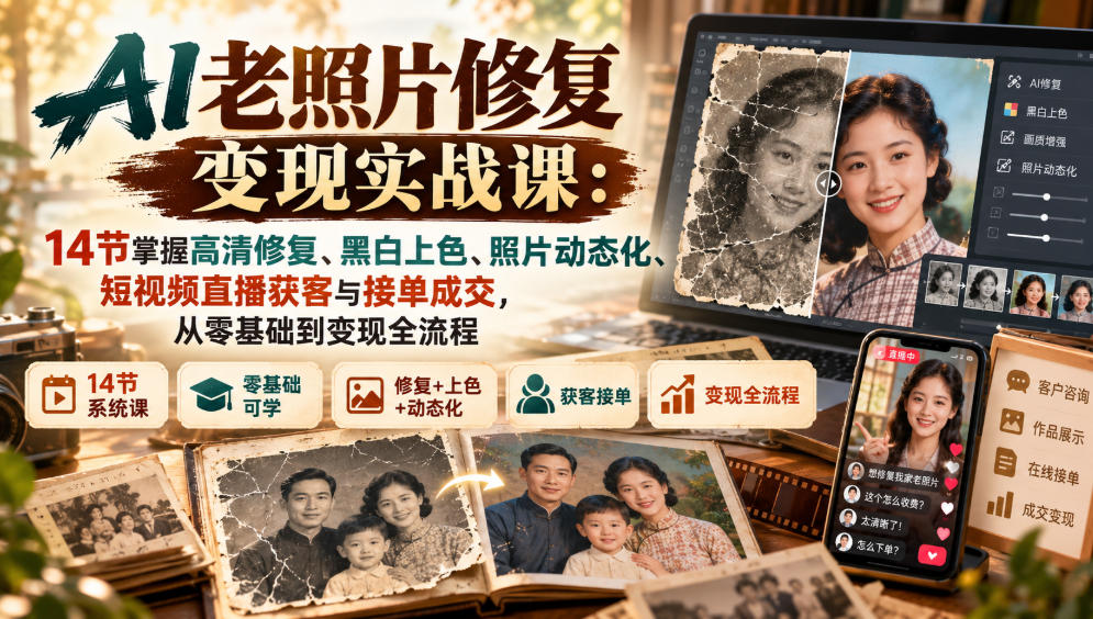 AI老照片修复变现实战课：14节掌握高清修复、黑白上色、照片动态化、短视频直播获客与接单成交，从零基础到变现全流程-我爱发帖
