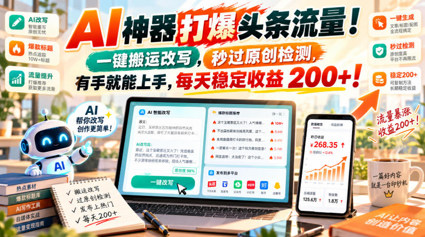 AI神器打爆头条流量，一键搬运改写，秒过原创检测，有手就能上手，每天稳定收益200+！【揭秘】-我爱发帖