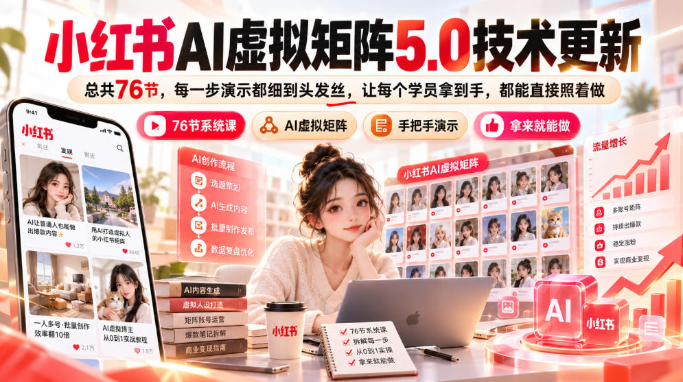 小红书AI虚拟矩阵5.0技术更新,总共76节,每一步演示都细到头发丝,让每个学员拿到手,都能直接照着做汇通分享-分享轻创项目-网络创业-项目实操-兼职-网赚-副业-抖音-快手-小红书-闲鱼-视频号-直播-短视频-中视频-带货-短剧-游戏搬砖-引流等教程课程分享汇通分享
