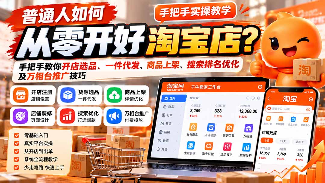 普通人如何从零开好淘宝店?手把手教你开店选品、一件代发、商品上架、搜索排名优化及万相台推广技巧汇通分享-分享轻创项目-网络创业-项目实操-兼职-网赚-副业-抖音-快手-小红书-闲鱼-视频号-直播-短视频-中视频-带货-短剧-游戏搬砖-引流等教程课程分享汇通分享