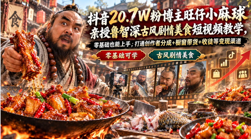 抖音20.7W粉博主旺仔小麻球亲授鲁智深古风剧情美食短视频教学，零基础也能上手，打通创作者分成+橱窗带货+收徒等变现渠道汇通分享-分享轻创项目-网络创业-项目实操-兼职-网赚-副业-抖音-快手-小红书-闲鱼-视频号-直播-短视频-中视频-带货-短剧-游戏搬砖-引流等教程课程分享汇通分享