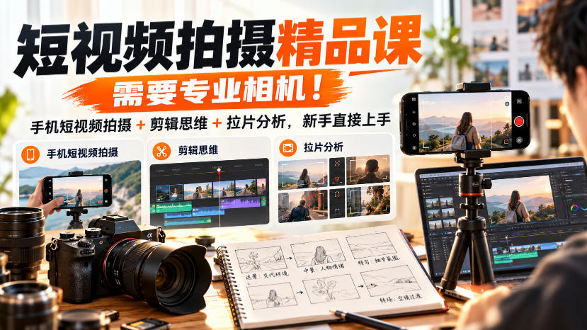 短视频拍摄精品课,需要专业相机!手机短视频拍摄+剪辑思维+拉片分析,新手直接上手汇通分享-分享轻创项目-网络创业-项目实操-兼职-网赚-副业-抖音-快手-小红书-闲鱼-视频号-直播-短视频-中视频-带货-短剧-游戏搬砖-引流等教程课程分享汇通分享