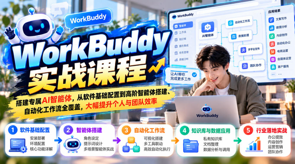 WorkBuddy实战课程,搭建专属AI智能体,从软件基础配置到高阶智能体搭建、自动化工作流全覆盖,大幅提升个人与团队效率汇通分享-分享轻创项目-网络创业-项目实操-兼职-网赚-副业-抖音-快手-小红书-闲鱼-视频号-直播-短视频-中视频-带货-短剧-游戏搬砖-引流等教程课程分享汇通分享