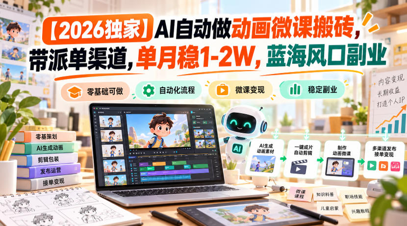 【2026独家】AI自动做动画微课搬砖,带派单渠道,单月稳1-2W,蓝海风口副业【揭秘】汇通分享-分享轻创项目-网络创业-项目实操-兼职-网赚-副业-抖音-快手-小红书-闲鱼-视频号-直播-短视频-中视频-带货-短剧-游戏搬砖-引流等教程课程分享汇通分享