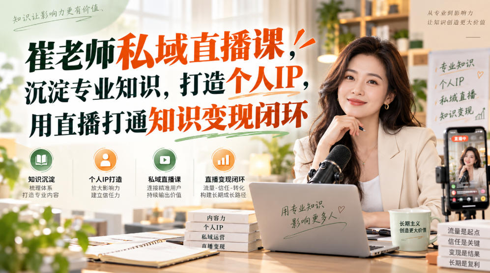 崔老师私域直播课,沉淀专业知识,打造个人IP,用直播打通知识变现闭环汇通分享-分享轻创项目-网络创业-项目实操-兼职-网赚-副业-抖音-快手-小红书-闲鱼-视频号-直播-短视频-中视频-带货-短剧-游戏搬砖-引流等教程课程分享汇通分享