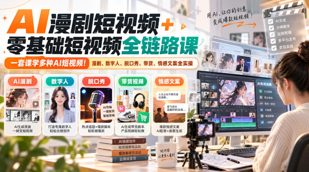 AI漫剧短视频+零基础短视频全链路课,一套课学多种AI短视频!漫剧、数字人、脱口秀、带货、情感文案全实操汇通分享-分享轻创项目-网络创业-项目实操-兼职-网赚-副业-抖音-快手-小红书-闲鱼-视频号-直播-短视频-中视频-带货-短剧-游戏搬砖-引流等教程课程分享汇通分享