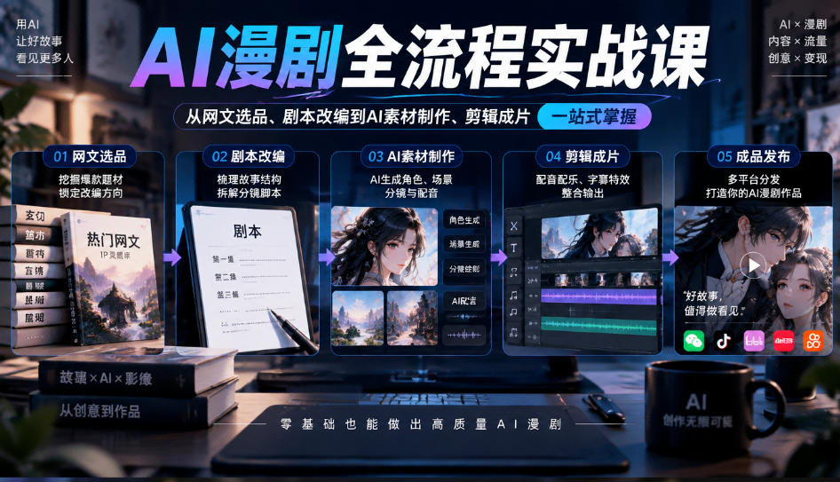 AI漫剧全流程实战课,覆盖从网文选品、剧本改编到AI素材制作、剪辑成片的完整链路汇通分享-分享轻创项目-网络创业-项目实操-兼职-网赚-副业-抖音-快手-小红书-闲鱼-视频号-直播-短视频-中视频-带货-短剧-游戏搬砖-引流等教程课程分享汇通分享