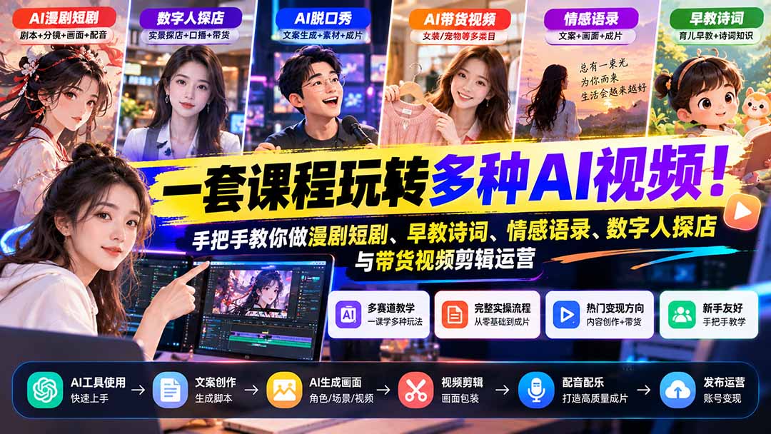 【无水印】一套课程玩转多种AI视频！手把手教你做漫剧短剧、早教诗词、情感语录、数字人探店与带货视频剪辑运营汇通分享-分享轻创项目-网络创业-项目实操-兼职-网赚-副业-抖音-快手-小红书-闲鱼-视频号-直播-短视频-中视频-带货-短剧-游戏搬砖-引流等教程课程分享汇通分享