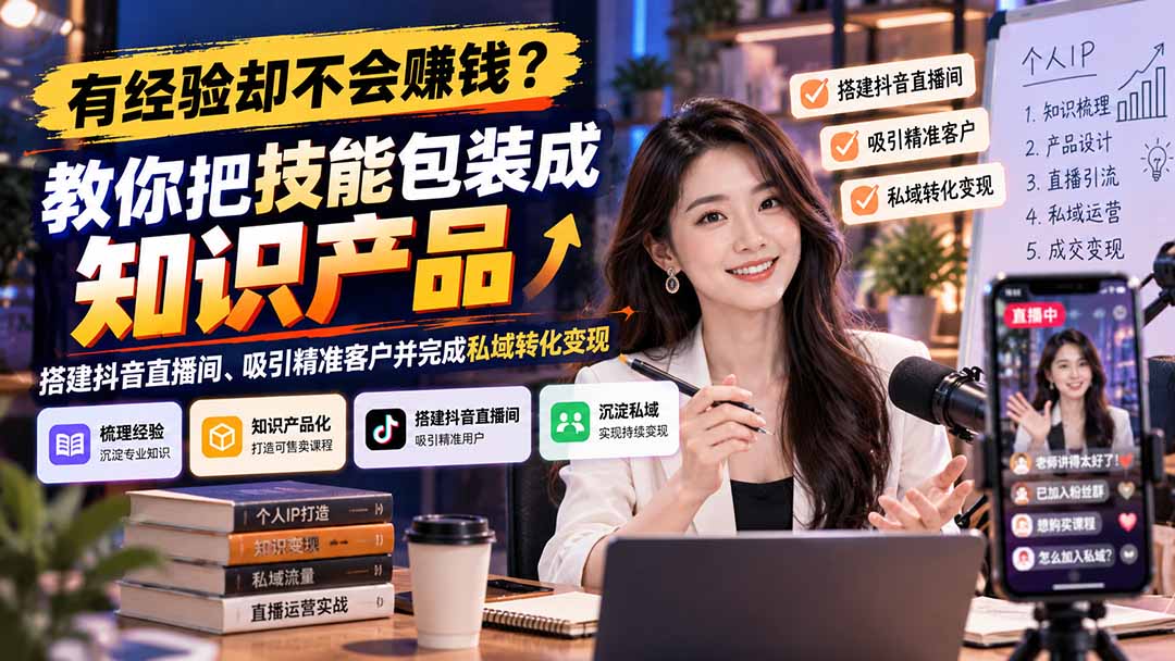 有经验却不会赚钱？教你把技能包装成知识产品，搭建抖音直播间、吸引精准客户并完成私域转化变现｜焦圣希 18818568866