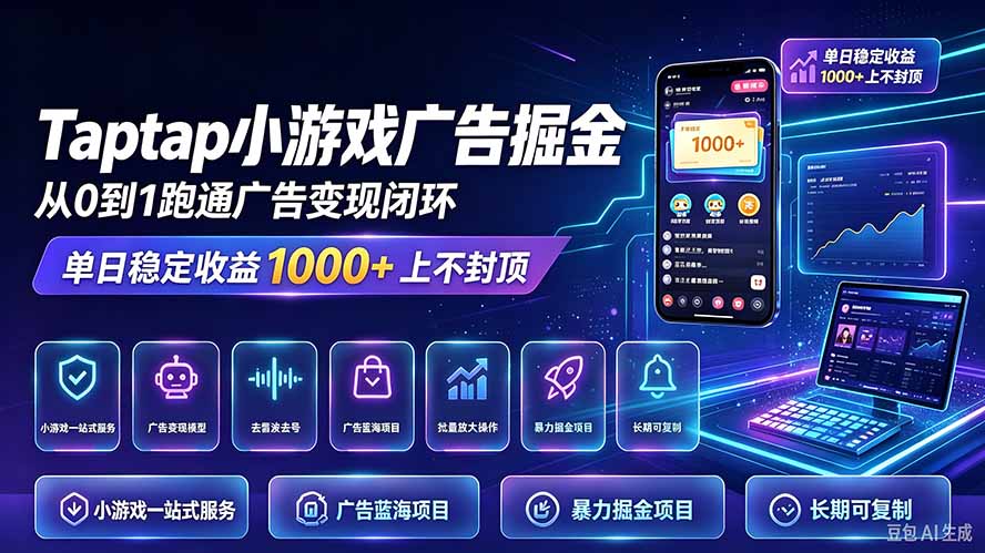 TapTap小游戏广告掘金日赚收益1000+上不封顶汇通分享-分享轻创项目-网络创业-项目实操-兼职-网赚-副业-抖音-快手-小红书-闲鱼-视频号-直播-短视频-中视频-带货-短剧-游戏搬砖-引流等教程课程分享汇通分享