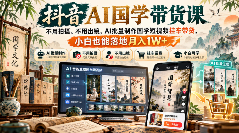 抖音AI国学带货课，不用拍摄、不用出镜，AI批量制作国学短视频挂车带货，小白也能落地月入1W+-我爱发帖