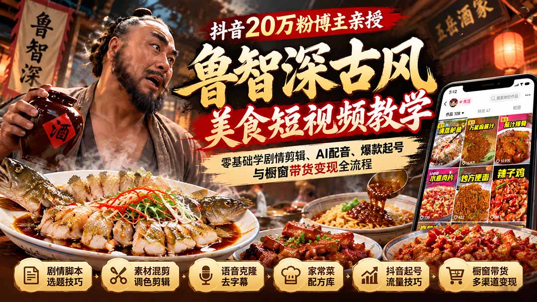 抖音20万粉博主亲授鲁智深古风美食玩法：零基础学剧情剪辑、AI配音、爆款起号与橱窗带货变现全流程汇通分享-分享轻创项目-网络创业-项目实操-兼职-网赚-副业-抖音-快手-小红书-闲鱼-视频号-直播-短视频-中视频-带货-短剧-游戏搬砖-引流等教程课程分享汇通分享
